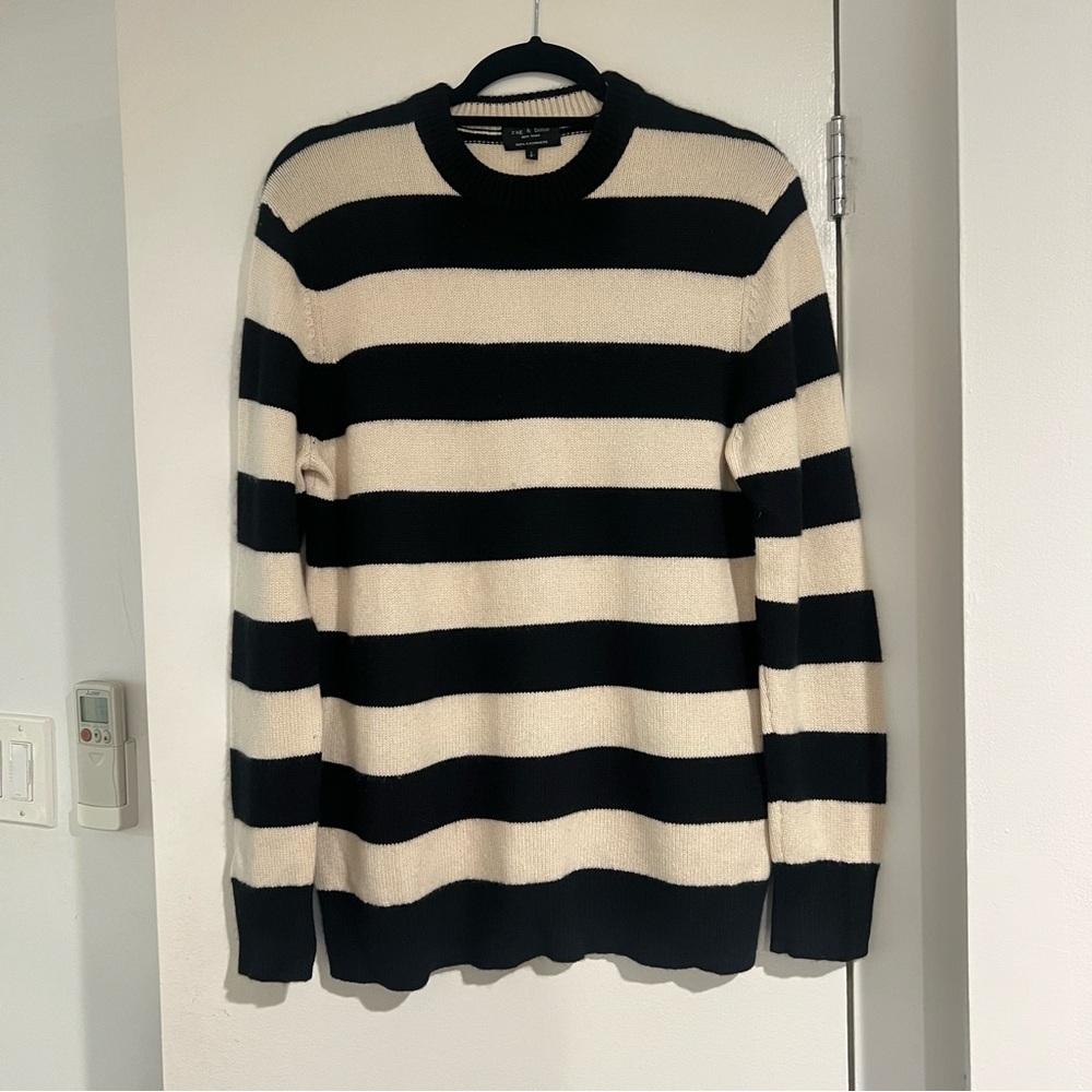 rag & bone Black and Cream Cashmere Striped Crewneck Sweater